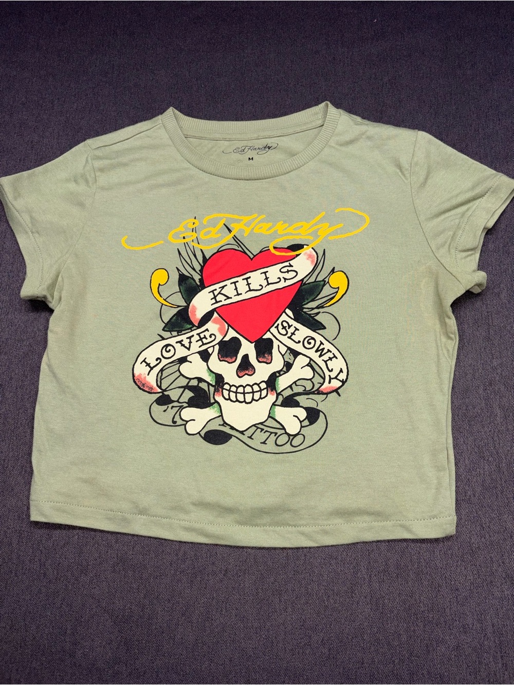 Ed Hardy Love Kills Slowly Crop Top M Olive Green Skull Graphic Y2K
